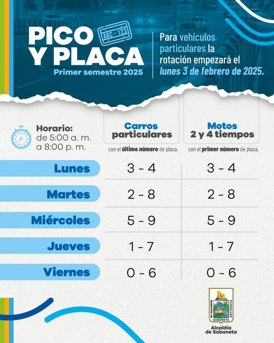 Esta ser la rotacin del Pico y Placa para vehculos particulares durante el primer semestre de 2025.