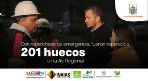 Con reparcheos de emergencia, fueron reparados 201 huecos en la Av. Regional