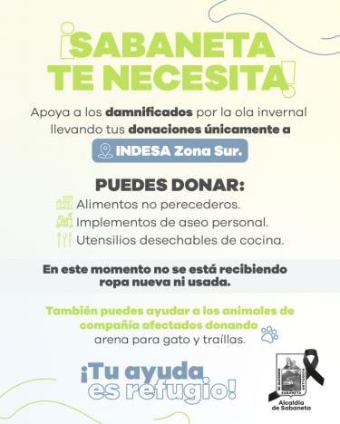 Sabaneta te necesita, conoce el punto oficial de recolección de ayudas.