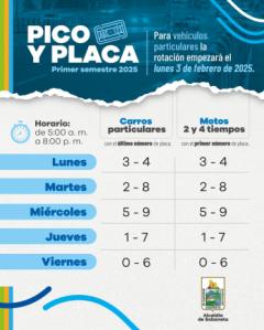 Esta será la rotación del Pico y Placa para vehículos particulares durante el primer semestre de 2025.